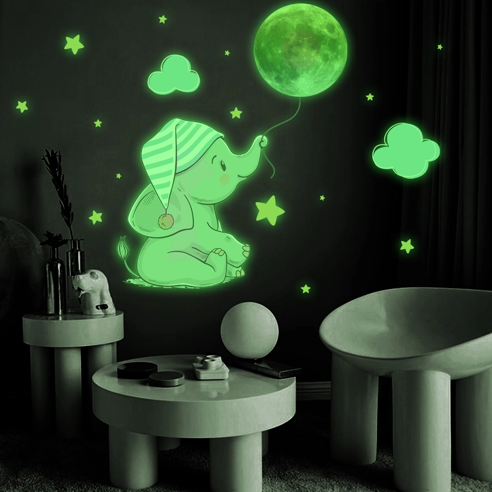 Autocollant mural lumineux en forme d'éléphant et de lune • Veilleuse