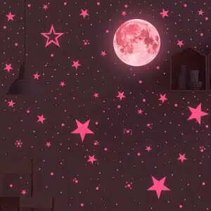 Veilleuse autocollante murale lune et étoiles rose en 3D