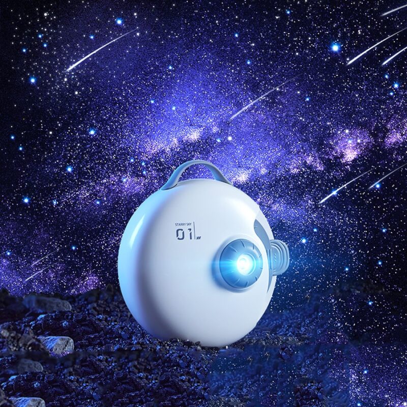 Veilleuse projecteur présenté dans un ciel noir et étoilé avec des étoiles filantes