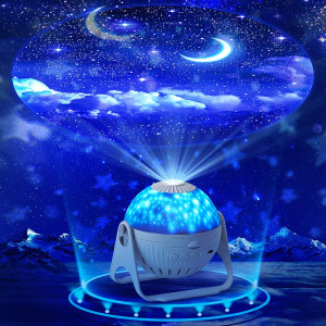 veilleuse avec projection bleues d'un ciel de nuit avec la lune, son socle est blanc et il est présenté dans la pénombre
