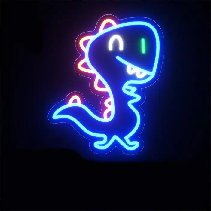 Une veilleuse dinosaure en néon bleu sur fond noir.