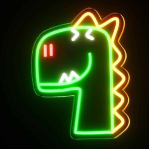Une veilleuse dinosaure en néon vert, orange, blanc et rouge sur fond noir.