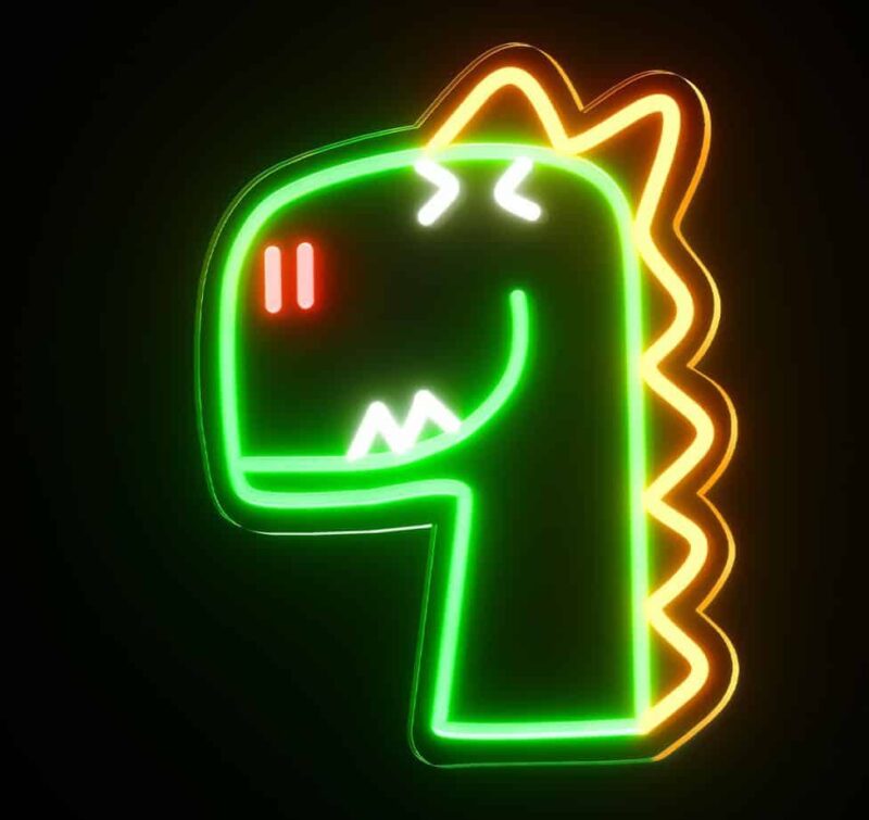 Une veilleuse dinosaure en néon vert, orange, blanc et rouge sur fond noir.