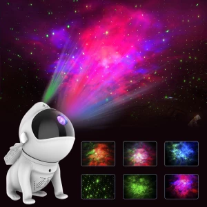 projecteur led en forme de petit chien projetant un visuel d'univers multicolore étoilé
