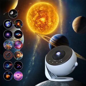 on voit une veilleuse blanche avec des planètes autour, sur un fond étoilé